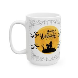 Happy Halloween" Mug – Spooky Bats, Haunted House, Witch and Broom Design, Halloween Gift, White Ceramic Coffee Mug, 11/15oz