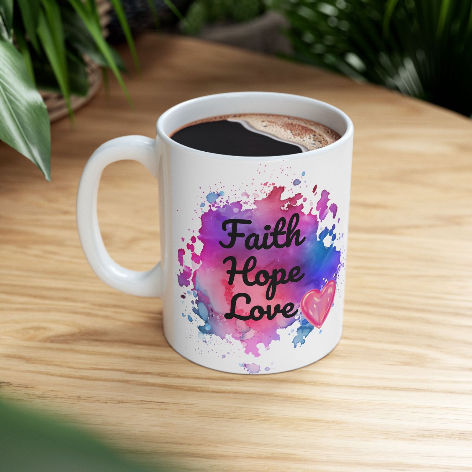 Inspirational Coffee Mug – "Faith Hope Love" – 11oz Ceramic Mug with Watercolor Background and Pink Heart – Motivational Gift - Image 11