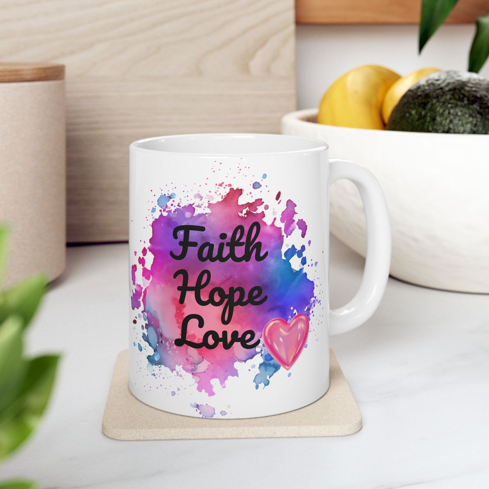 Inspirational Coffee Mug – "Faith Hope Love" – 11oz Ceramic Mug with Watercolor Background and Pink Heart – Motivational Gift - Image 12
