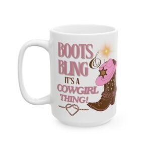 Boots & Bling, It's a Cowgirl Thing Mug – Fun Country-Themed Coffee Cup with Cowboy Boots, Hat, Pearls, and Stars – 11oz Mug