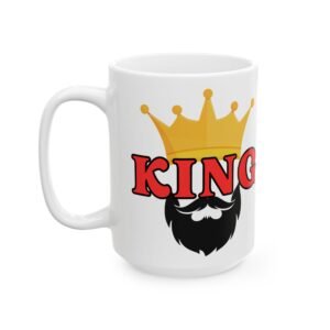 King" Mug – Quirky Design with Beard, Crown & Red Lettering – 11 oz / 15 oz Coffee Cup Ceramic Mug,