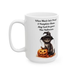 “Cute Black Kitten in Witch’s Hat with Pumpkin Mug - Halloween Decor, Festive Artwork for Cat Lovers, Cozy Autumn Decor