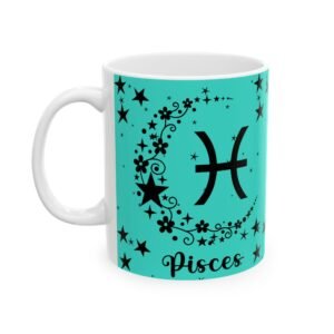 Pisces Zodiac Mug – February 20 to March 20, Turquoise Star Sign Mug, for Pisces, Featuring Positive & Negative Traits