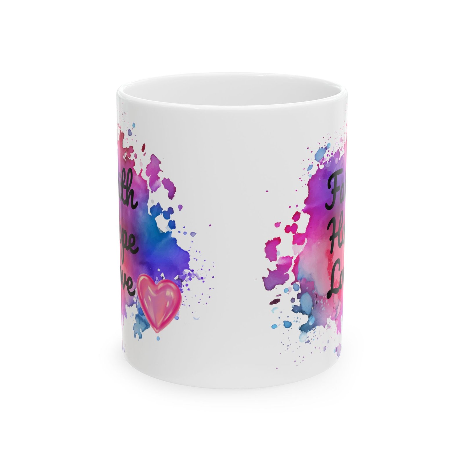 Inspirational Coffee Mug – "Faith Hope Love" – 11oz Ceramic Mug with Watercolor Background and Pink Heart – Motivational Gift - Image 6