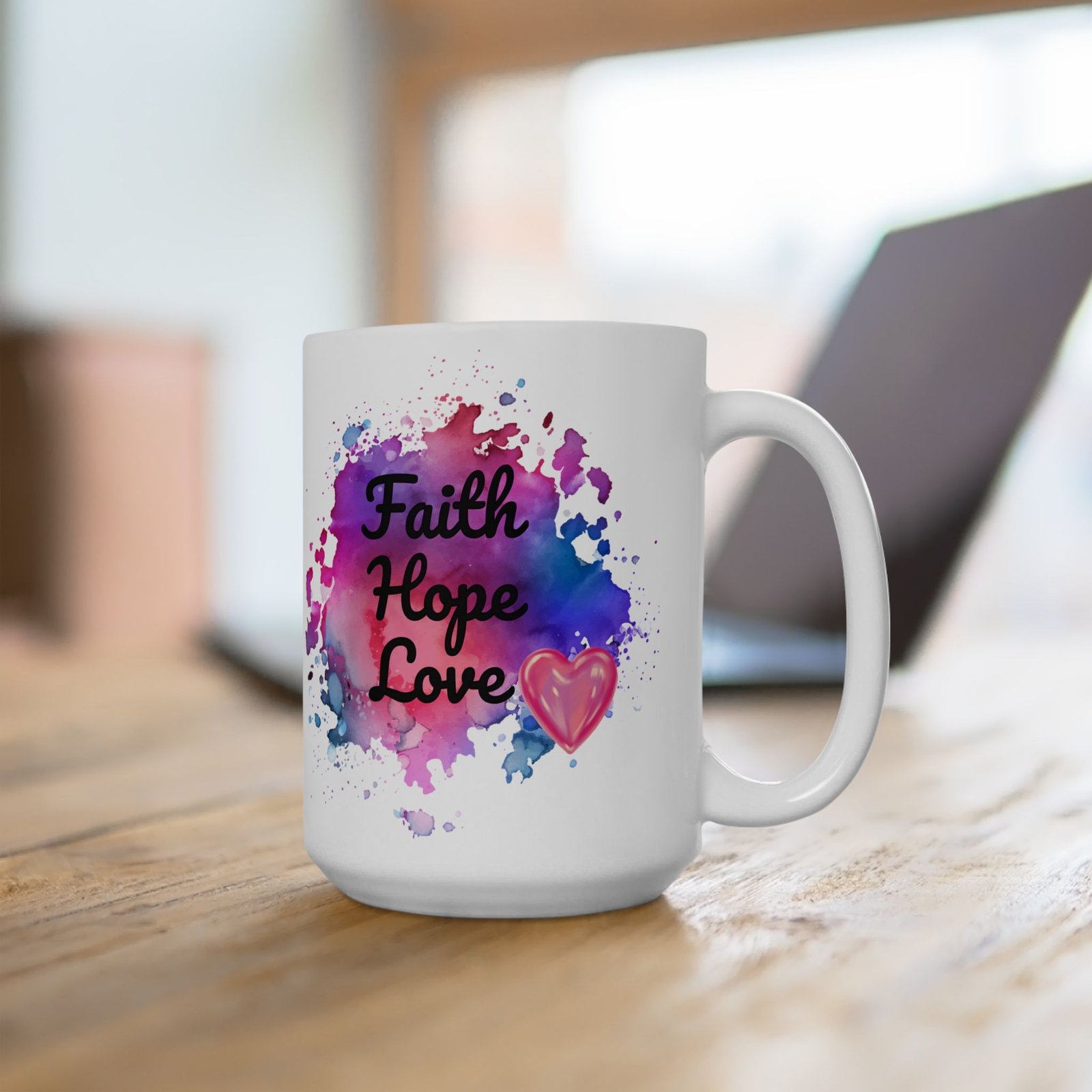 Inspirational Coffee Mug – "Faith Hope Love" – 11oz Ceramic Mug with Watercolor Background and Pink Heart – Motivational Gift - Image 5