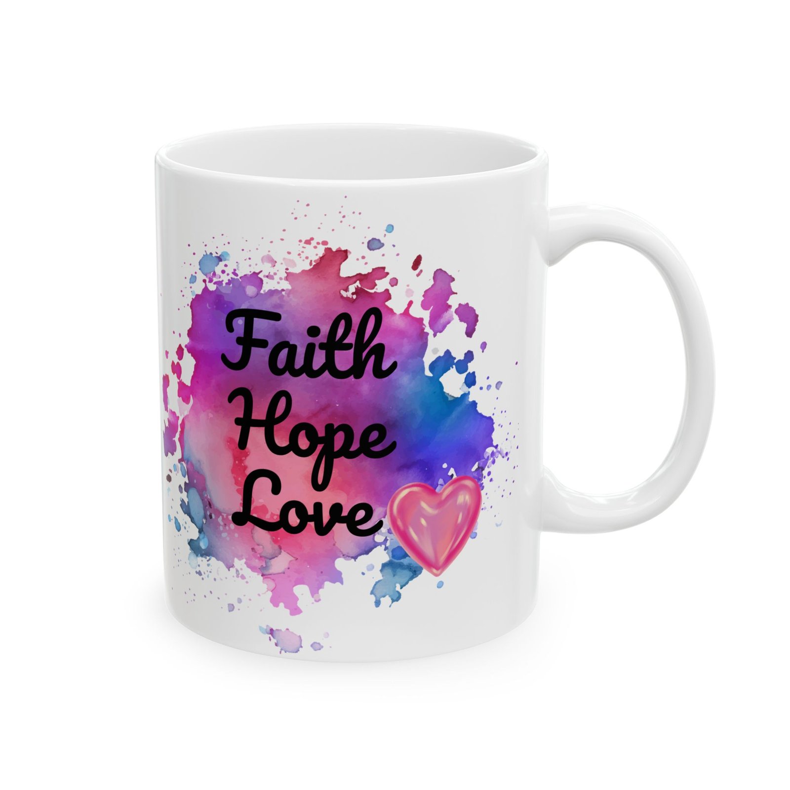 Inspirational Coffee Mug – "Faith Hope Love" – 11oz Ceramic Mug with Watercolor Background and Pink Heart – Motivational Gift - Image 9