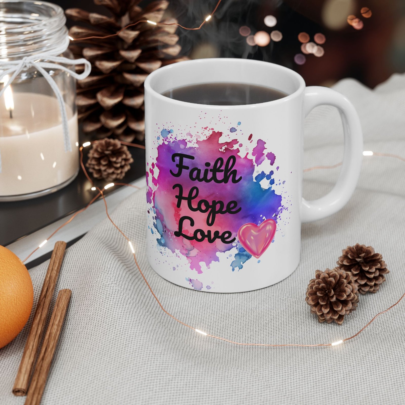 Inspirational Coffee Mug – "Faith Hope Love" – 11oz Ceramic Mug with Watercolor Background and Pink Heart – Motivational Gift - Image 10
