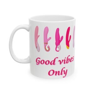GoodVibes Only" Mug – Funny, Naughty Coffee Cup with Pink Lettering and Cheeky Vibes Theme (11 oz & 15 oz) Ceramic Mug,