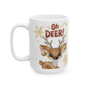 Oh Deer!" Cute Reindeer Christmas Mug with Gold Snowflakes & Festive Decorations Ceramic Mug, (11oz, 15oz)