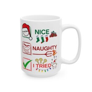 Santa's Naughty List Festive Mug - Funny Christmas Coffee Cup, Nice/Naughty/I Tried Options Holiday Friends, Family Coworkers